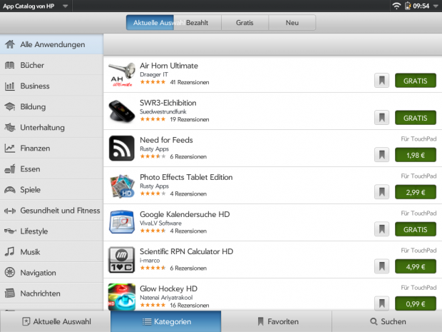 Die Auswahl im App Catalog von HP für das Touchpad ist noch nicht besonders üppig.
