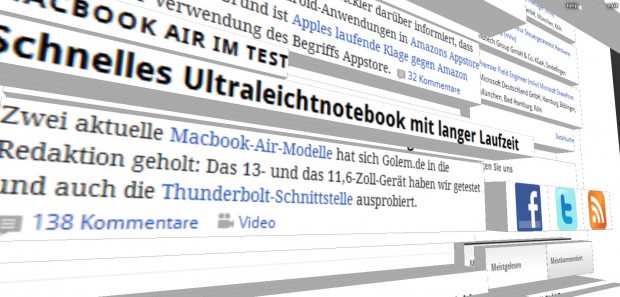 Firefox-Erweiterung Tilt zeigt Golem.de in 3D (Bild: Golem.de)