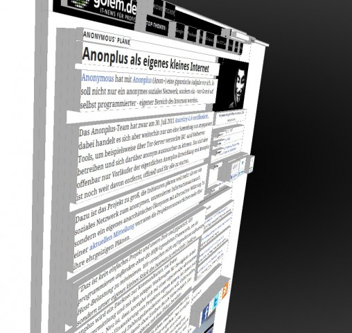 Firefox-Erweiterung Tilt zeigt Golem.de in 3D (Bild: Golem.de)