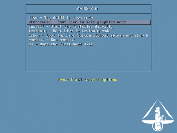 Der Boot-Screen der Installations-DVD von Ari OS 3.0