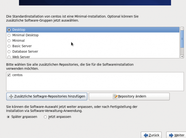 Es können verschieden Softwaregruppen installiert werden.