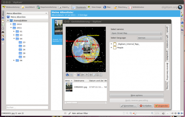 Aus Längen- und Breitengraden in den Metadaten eines Fotos kann Digikam 2.0.0 Ortsnamen auslesen.