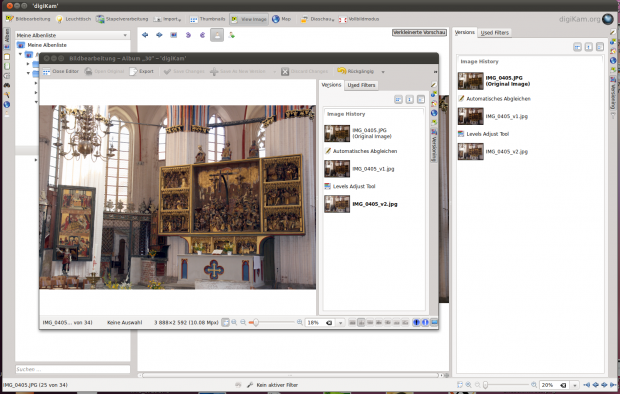 Änderungen an einem RAW-Bild werden im Editor angezeigt und lassen sich per Mausklick rückgängig machen.