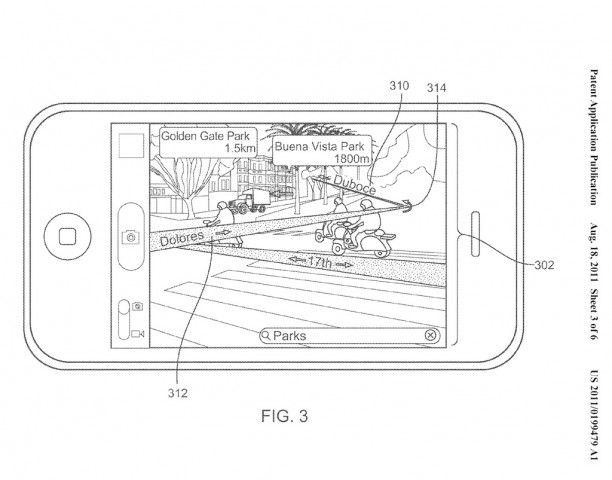 Karteneinblendung im Kamerabild - US-Patentantrag 20110199479 (Bild: Apple/US-Patent- und Markenamt)