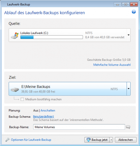Konfiguration eines Backups  mit Acronis True Image Home 2012 (Bild: Acronis)