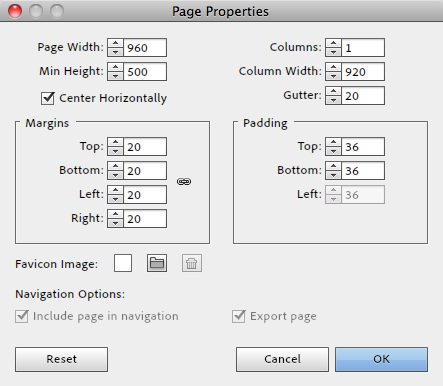 Adobe Muse - Eigenschaften des Templates (Bild: Adobe)