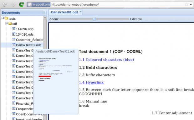 WebODF zeigt ein Textdokument
