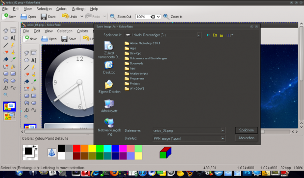 Der Speichern-unter-Dialog in der KDE-Anwendung ist aus dem Windows-API-Nachbau.