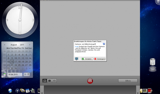 In der vermeintlichen Anwendung Photo Booth unter UniOS erschien ein Flash-Warnhinweis, dass der Benutzer "local" Zugriff auf die Hardware erfordert.