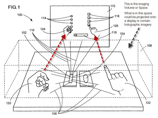 Apples patentiertes Gerät zur Gestensteuerung - soll auch in Kombination mit Hologrammprojektionen eingesetzt werden können. (Bild: Apple/US-Patentamt)