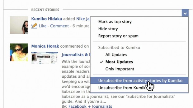 Mit dem Abonnement-Knopf kann der Newsfeed bereinigt werden - man kann damit angeben, wie viel man von einzelnen Kontakten lesen will, ohne sie gleich ganz zu ignorieren. (Bild: Facebook)