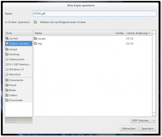 Der überarbeitete Speichern-unter-Dialog von Nautilus