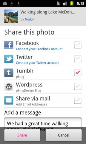 Sharingfunktionen in Flickrs Android-App (Bild: Yahoo)