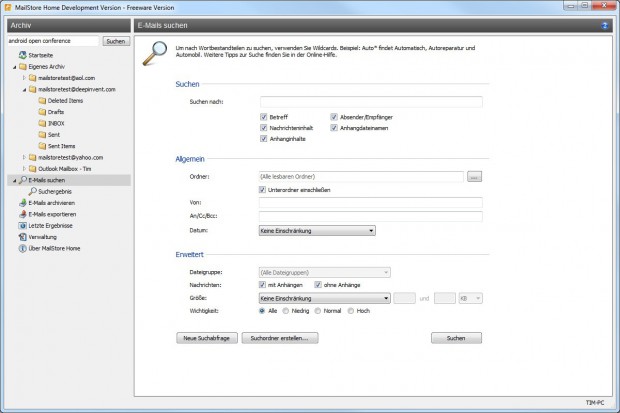 Mailstore Home 5 - schnelle Volltextsuche (Bild: Deepinvent)