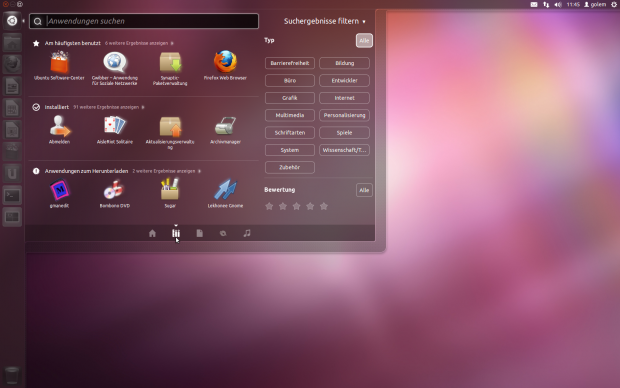 Die Anwendungslinse zeigt installierte Programme und Anwendungen zum Download an, diese lassen sich kategorisieren.