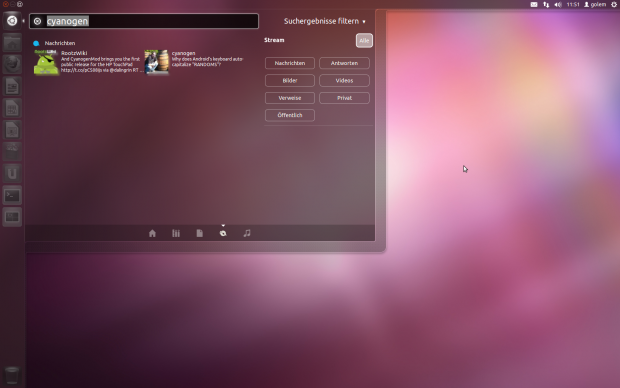 Über die Linse für Gwibber lassen sich Tweets durchsuchen.