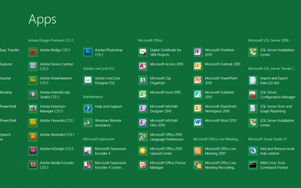 Neuer App Screen in Windows 8 zeigt mehr Apps auf einen Blick und ist in Gruppen unterteilt.