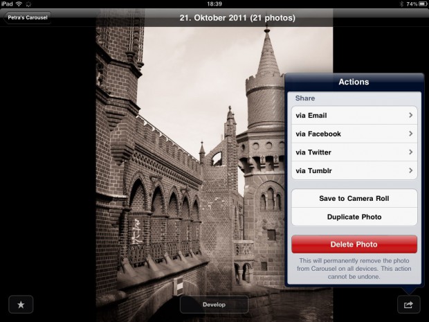 Die Fotos können mit anderen direkt über E-Mail, Facebook, Twitter und Tumblr geteilt werden. (Adobe/Screenshot: Golem.de)