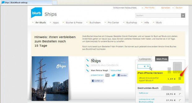 Nach dem Upload leitet die Software zur Blurb-Website weiter, wo das Buch bestellt werden kann. Die iPad-/iPhone-Version kann direkt oben rechts ausgewählt werden.