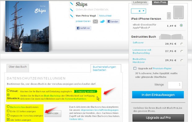 Auch beim E-Book kann entschieden werden, ob das Werk nur ausgewählten Nutzern per Link zugänglich gemacht wird oder öffentlich im Blurb-Bookstore erhältlich ist. Dabei kann weiterhin festgelegt werden, wie viele und welche Seiten des Buchs als Vorschau angezeigt werden.