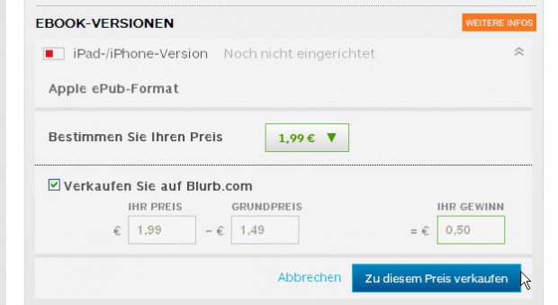Ist das Buch einmal als E-Book erworben worden, kann der Preis zum Verkauf im Blurb-Buchshop bei den Bucheinstellungen festgelegt werden. Zum Blurb-Grundpreis kann eine eigene Gewinnspanne aufgeschlagen werden.