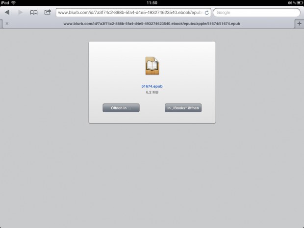 Im Browser des iPads öffnet sich dann ein Downloadlink und nach erfolgtem Login in den eigenen Account wird das Buch aufs iPad heruntergeladen. Es kann dann in iBooks direkt geöffnet werden.