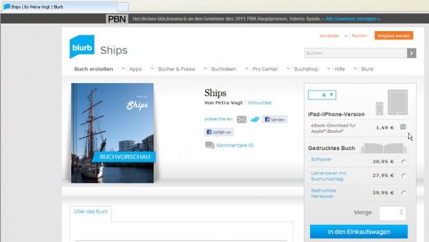 Wer sein Buch zum öffentlichen Verkauf freigegeben hat, findet es anschließend im Blurb-Buchshop.