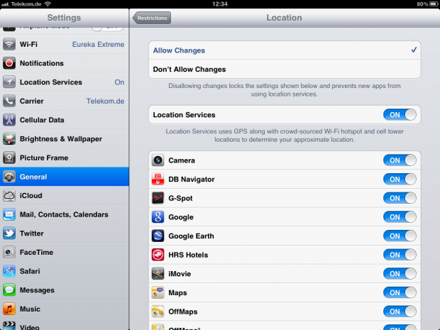 Hinter den Einschränkungseinstellungen  sind die Ortungseinstellungen verfügbar.