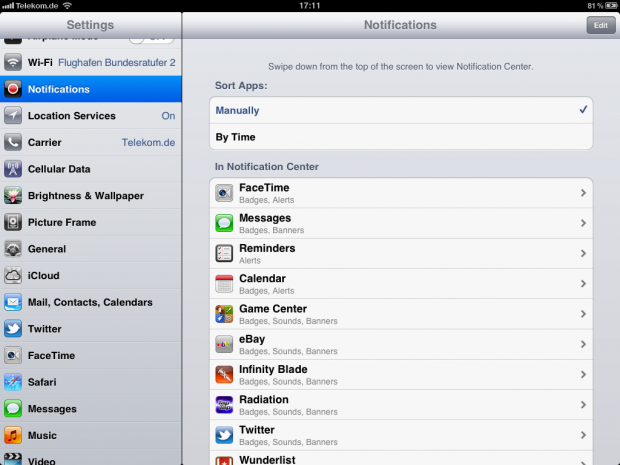 Für das Benachrichtigungszentrum können Einstellungen zu jeder App vorgenommen werden.