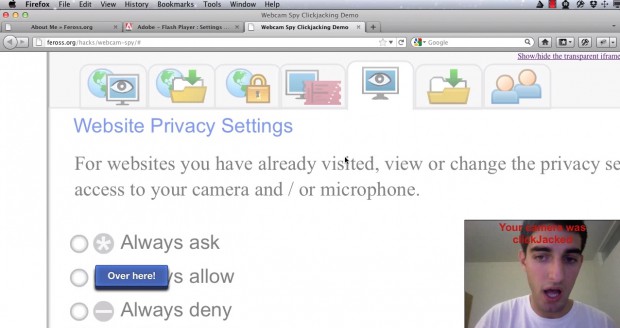 Feross Aboukhadijeh zeigt seinen Clickjacking-Angriff zur Webcam-Spionage mittels Adobe Flash Player. (Bild: Screenshot von Golem.de)