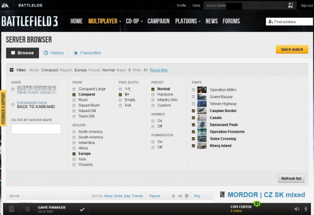 Per Webbrowser sucht der Spieler nach laufenden Partien.