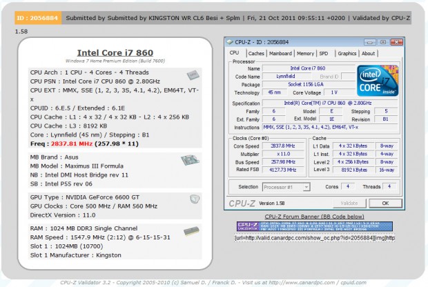 Die validierten CPU-Z-Ergebnisse