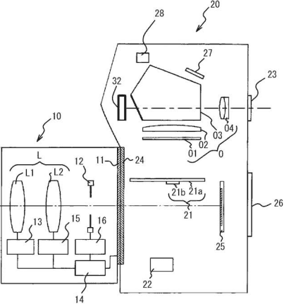 Beim Live-View-Modus im Sucher wird der Spiegel hochgeklappt und der Benutzer betrachtet ein Mikrodisplay (32). (Bild: Japanisches Patentamt)