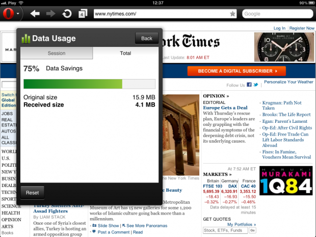 Opera Mini 6.5 auf dem iPad mit Datenverbrauchsanzeige