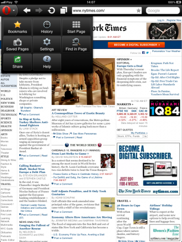 Opera Mini 6.5 auf dem iPad mit ge&ouml;ffnetem Men&uuml;