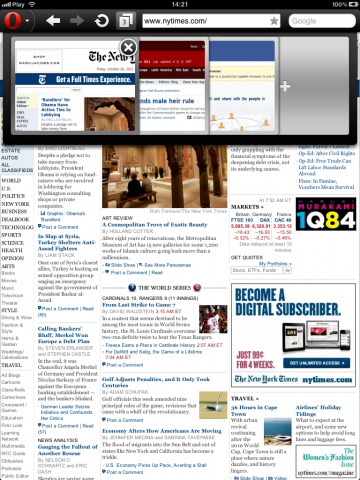 Tabvorschau in Opera Mini 6.5 auf dem iPad im Hochformat
