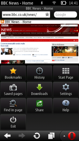Opera Mini 6.5 f&uuml;r Symbian S60 mit ge&ouml;ffnetem Men&uuml;