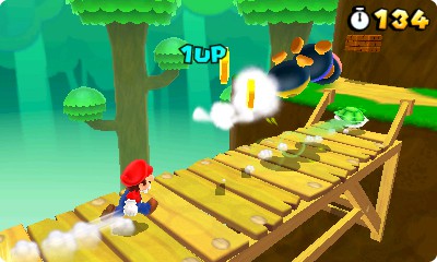 Mario schie&szlig;t einen Schildkr&ouml;tenpanzer auf eine Raupe.