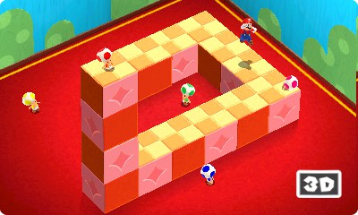 Ein Beispiel f&uuml;r ein perspektivisches R&auml;tsel in Super Mario 3D Land. Unten rechts zeigt das Spiel an, ob Stereo 3D am 3DS aktiv ist.