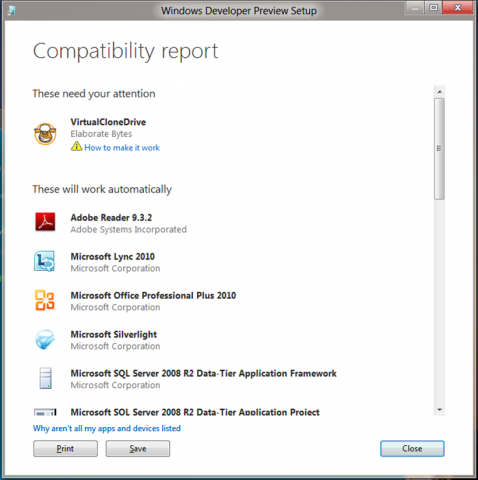 Installation von Windows 8: detaillierter Kompatibilit&auml;tsbericht