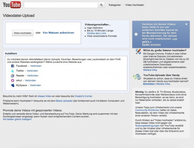 Upload-Funktion in neuem Youtube-Redesign (Bild: Youtube/Golem.de)