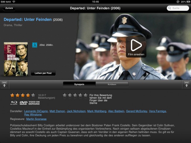 Lovefilm Player f&uuml;r iPad - Film 'Departed - unter Feinden' ausgew&auml;hlt (Screenshot: Golem.de)