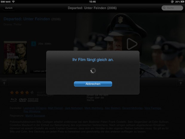 Lovefilm Player f&uuml;r iPad - Film 'Departed - unter Feinden' kurz vor dem Start der Wiedergabe (Screenshot: Golem.de)