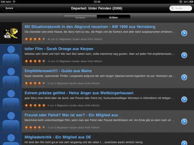 Lovefilm Player f&uuml;r iPad - Filmrezensionen der Nutzer werden angezeigt. (Screenshot: Golem.de)