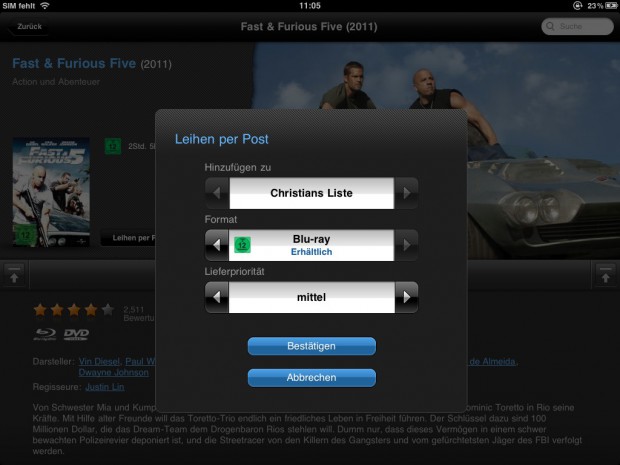 Lovefilm Player f&uuml;r iPad - das Ausleihen von Blu-rays und DVDs per Post geht auch... (Screenshot: Golem.de)