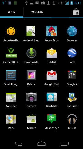 Apps und Widgets sind im Anwendungsmenü untergebracht, in dem von links nach rechts geblättert wird.
