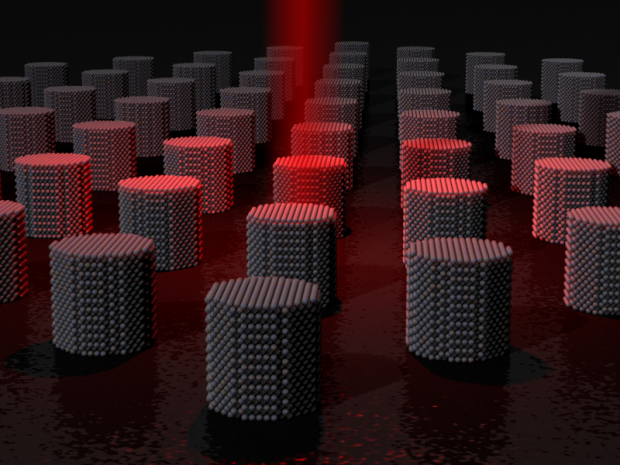 Neues Medium: Aufrecht stehende Bits mit Magnetfeldumkehr (Bild: Richard Evans, University of York)