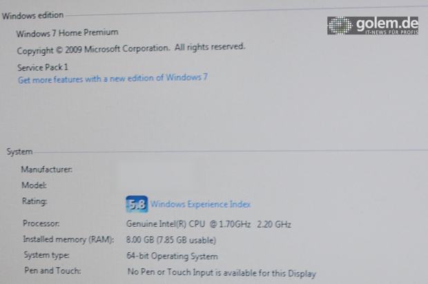 Windows zeigt nur 1,7 bis 2,2 GHz an, das Serienmodell soll schneller sein