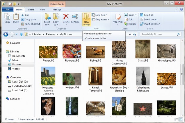 Windows 8: Ribbons im Windows Explorer weisen mit Tooltipps auf Tastenkürzel hin.