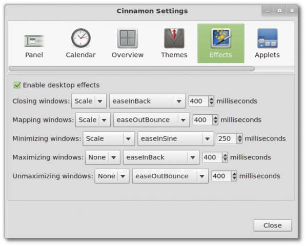 Die Einstellungen für die Effekte